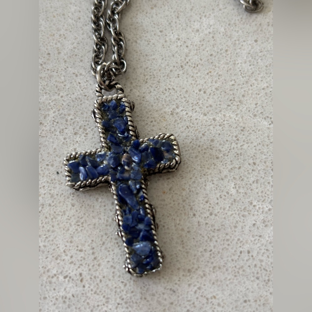 1980s Vintage Cobalt Blue Chip Stone Cross Necklace MCM Boho Artisan